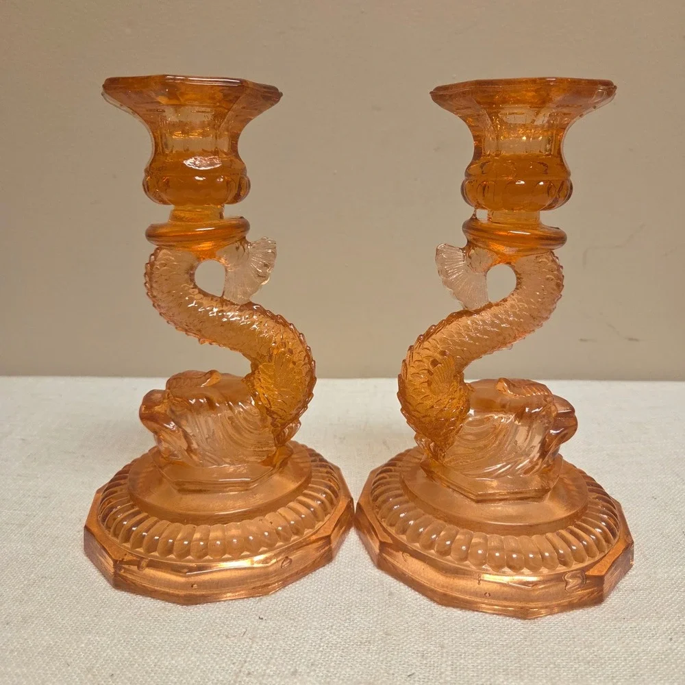 Vintage Pink Depression Glass Koi Fish Candlestick Holders Pair
